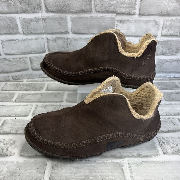 Sorel Moccasin Slippers Mens 10 Brown Manawan Leather Fur Slip On Flats Shoes - Picture 1 of 10